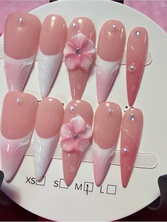 Other - Pressed Pink Floral Stiletto False Nails - Women Makeup